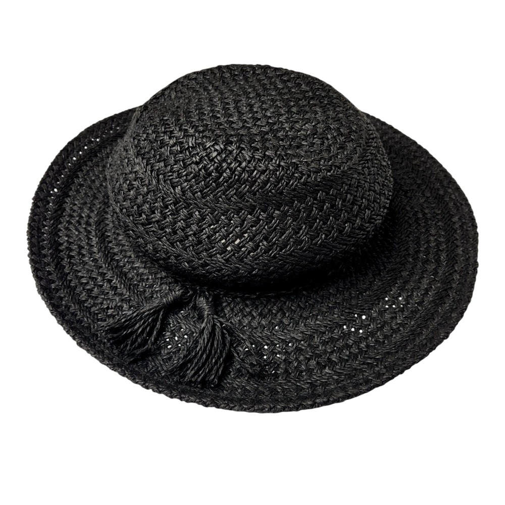 Anthropologie Black Woven Tassel Fedora Hat Paper Straw Wide Brim 100% Paper OS